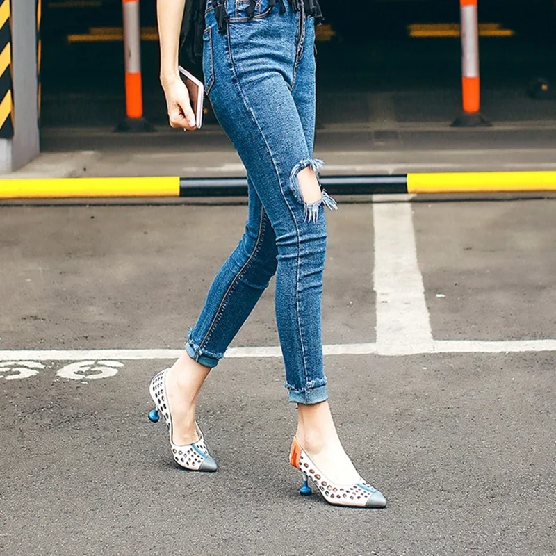 

2021 spring summer genuine leather women pumps fashion hollow real leather shoes mid heel pointed toe solid commuter shoes lady