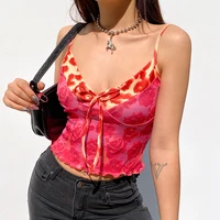 2021 summer new y2k top sexy pink print stitching deep v bow sling new wave edge bottoming vest corset