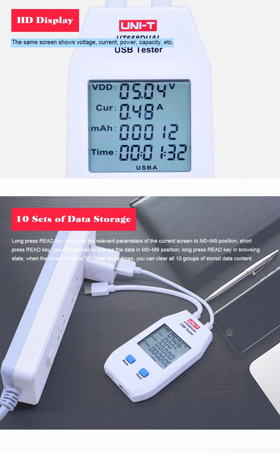 UNI-T UT658A/UT658C/UT658DUAL серия USB измеритель мощности и тестер цифровой измеритель напряжения/тока/емкости/энергии/сопротивления