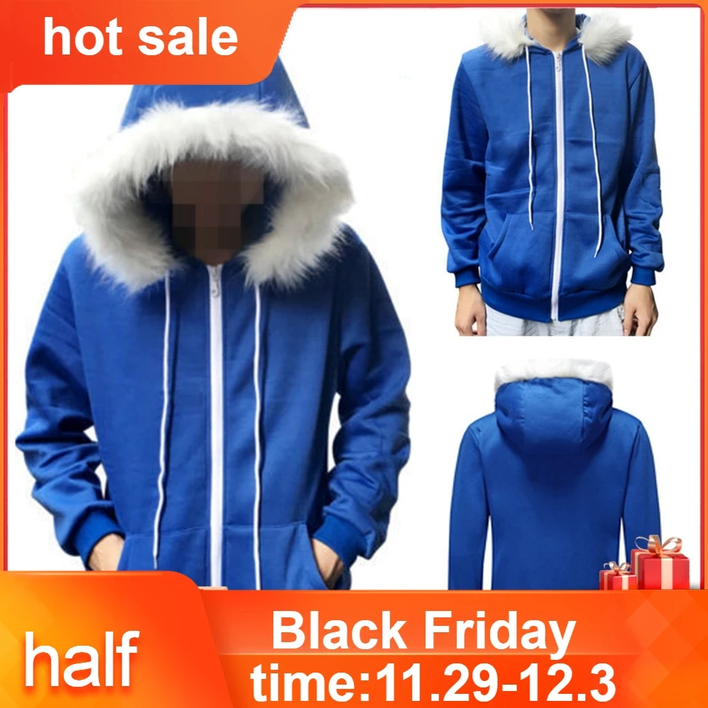 Мужской женский и мужской костюм для косплея новый из синего флиса с капюшоном