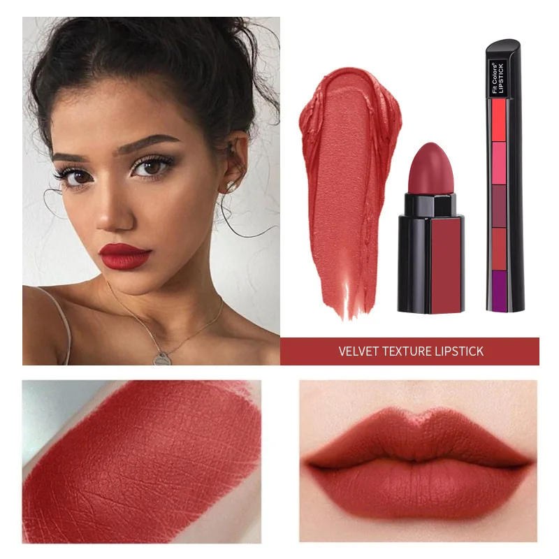 

5 In 1 Lipstick Matte Velvet Lip Gloss Nude Liquid Not Easy To Fade Nonstick Cup Lipgloss Makeup Sexy Lipstick Cosmetics Makeup