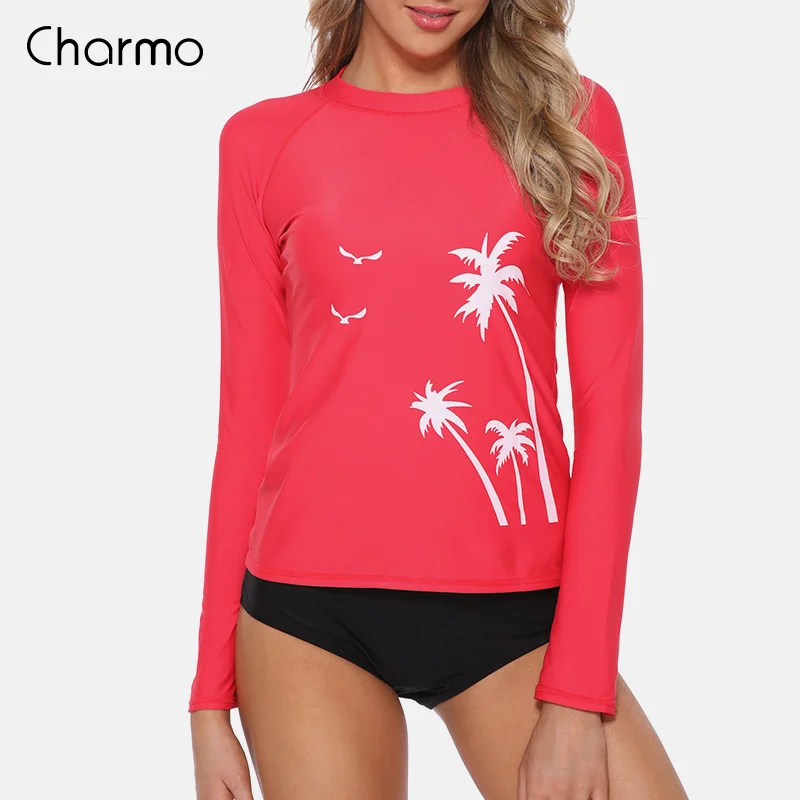 

Charmo Women Long Sleeve Rashguard Shirt Swimsuit Shirts UPF50+ Coconut Tree Swimwear UV-Protection Rash Guard Top Surfing Shirt