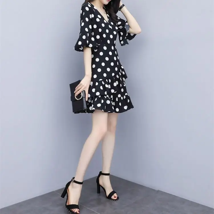 

Women's Spring Summer Chiffon Dress Women's Polka Dots Ruffles V-Neck Half Sleeve Casual Sweet Dress AA3284
