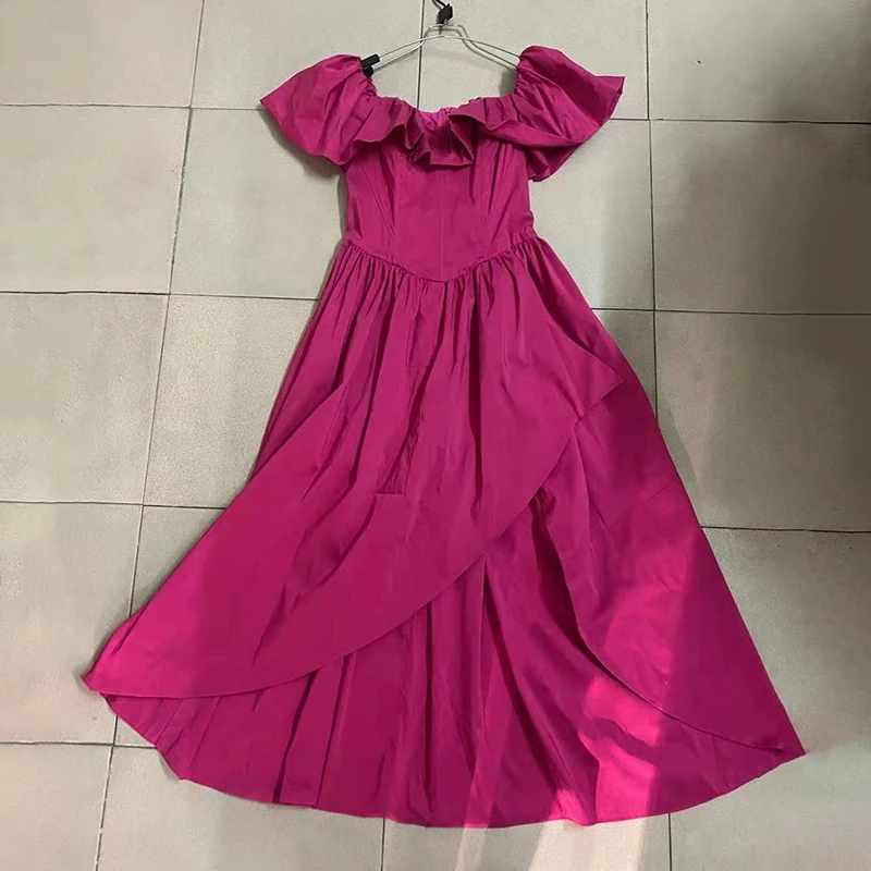 

VGH Patchwork Ruffle Dress For Women Slash Neck Puff Short Sleeve High Waist Solid Vintage Dresses Female Fashion Summer Tide