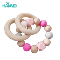 1pc wooden teether crochet beads wood crafts ring engraved bead baby food grade silicone beads teether toys for baby rattle