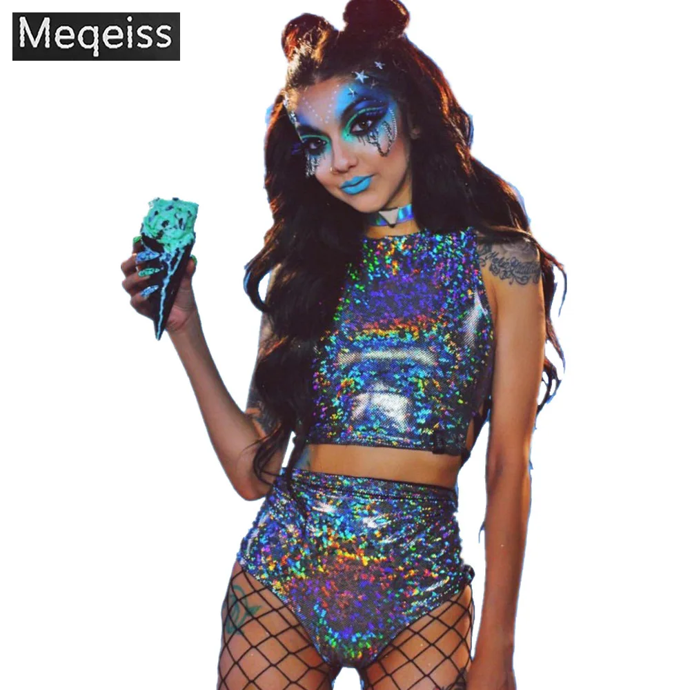 Фестиваль королева голографический укороченный топ и горячие шорты женские