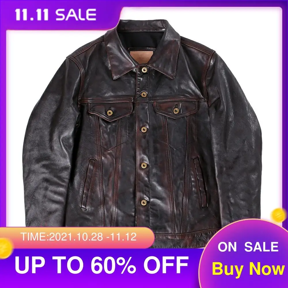 

2021 Vintage Brown Japan Casual Style Genuine Leather Jacket Men Plus Size 3XL Real Natural Horsehide Slim Fit Short Autumn Coat