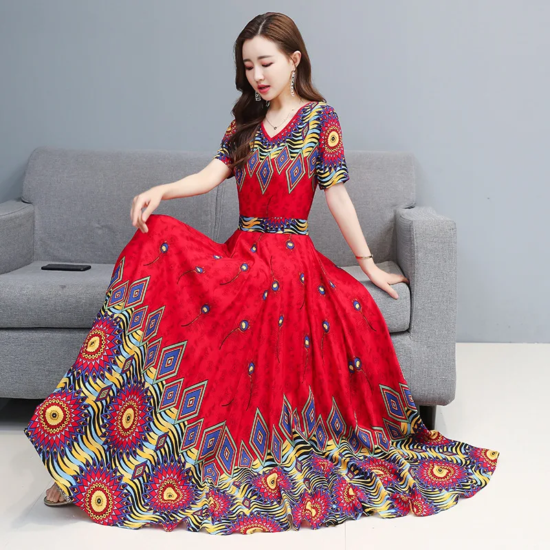 

summer women's new Korean version of large size cotton silk dress Slim V-neck short-sleeved temperament ladies' big swing skirt