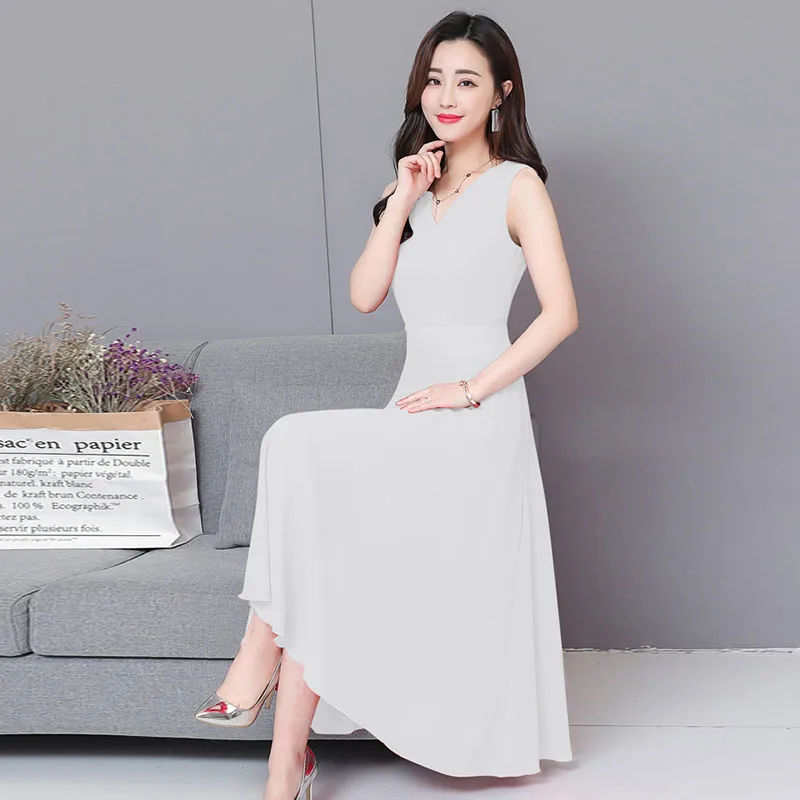 

Summer Chiffon V-neck Dress White Fashion sleeveless Midi Dress 2020 Bohemian Casual Slim Vacation Party Dress Vestidos