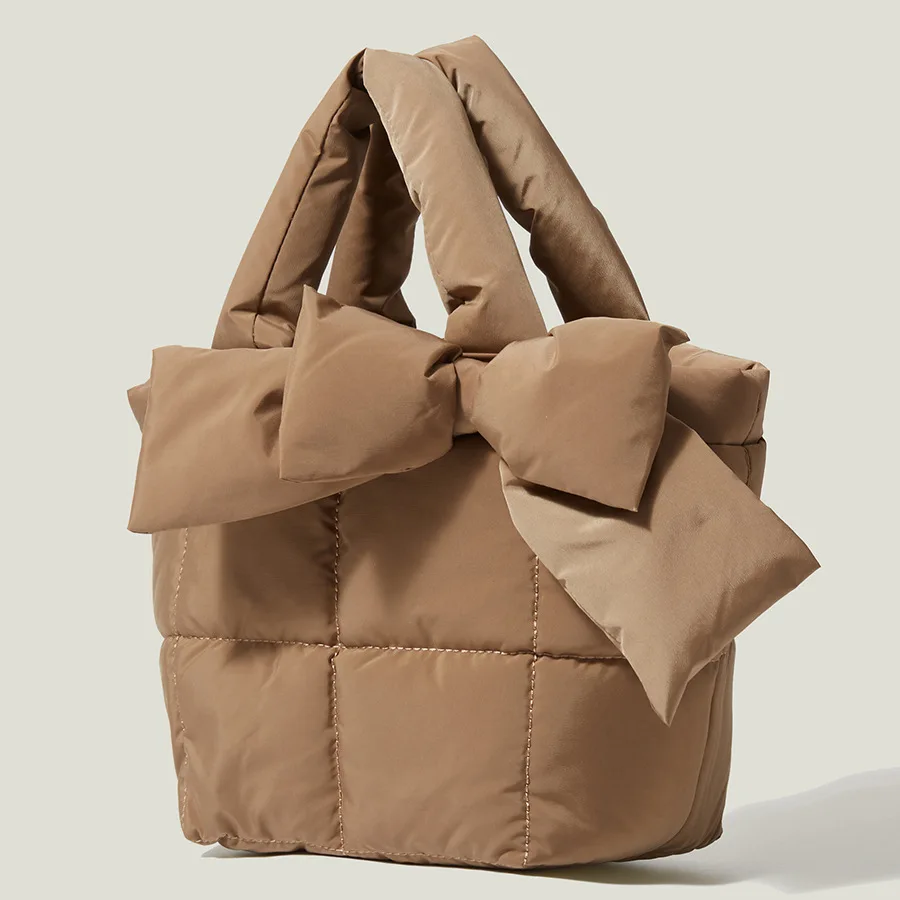 

Padded Woman Handbag Designer Cute Bow Warm Ladies Small Quilted Bag Nylon Down Cotton Space Tote Bags for Women Winter 2021