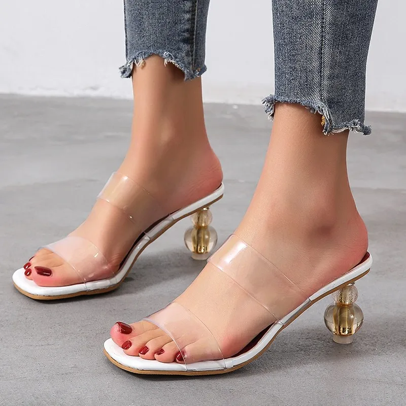 

Fashion Snake Print Leather Slippers Women Strange Heels Sexy Square Toe Sandals PVC Transparent Jelly Shoes Slides Plus size 43