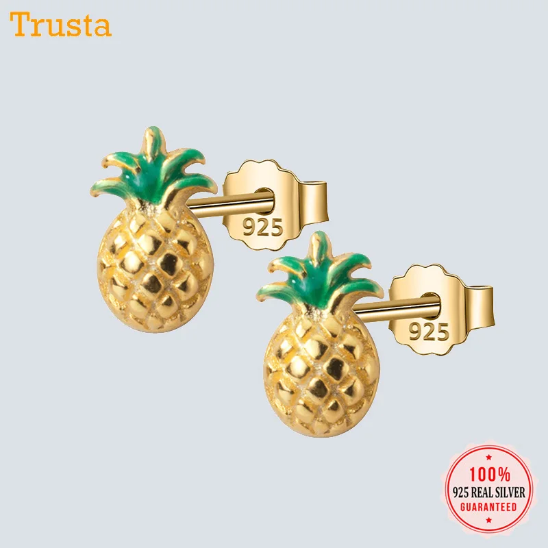 Trusta Настоящее серебро 925 пробы, модное ювелирное изделие, Крошечные золотые серьги-гвоздики 5 мм X 7 мм с ананасом, подарок для девочек, детей, леди DS678