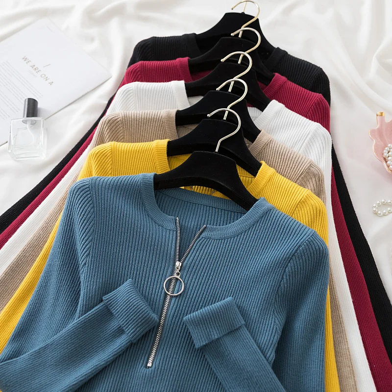 

2021 Fashion Women Clothing Winter Zipper Crew Neck Long Sleeve Casual Pullover Sweater Sexy Knitted Pullovers Jumper