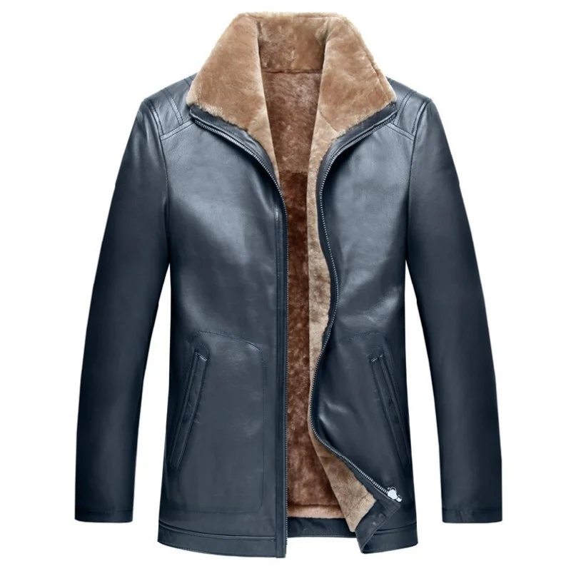 

Men's short coat of wool, genuine lambskin, working jacket with a fur collar, plus size