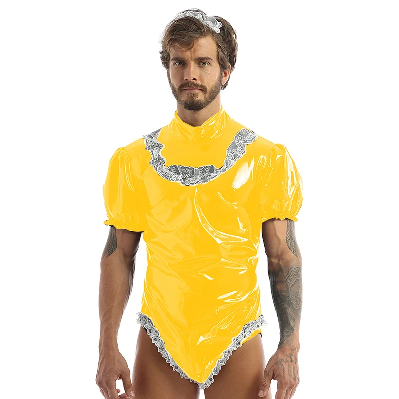 Мужской костюм горничной для косплея виниловое боди с буффами и кружевами