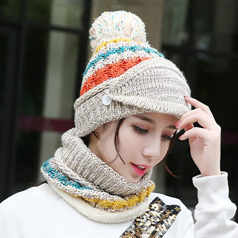 

Beanie Hat Scarf Face Mask Set Knitted Headwear Women Cap Neck Girls Warmer Winter Outdoor Skiing Cap Neck Face Cover