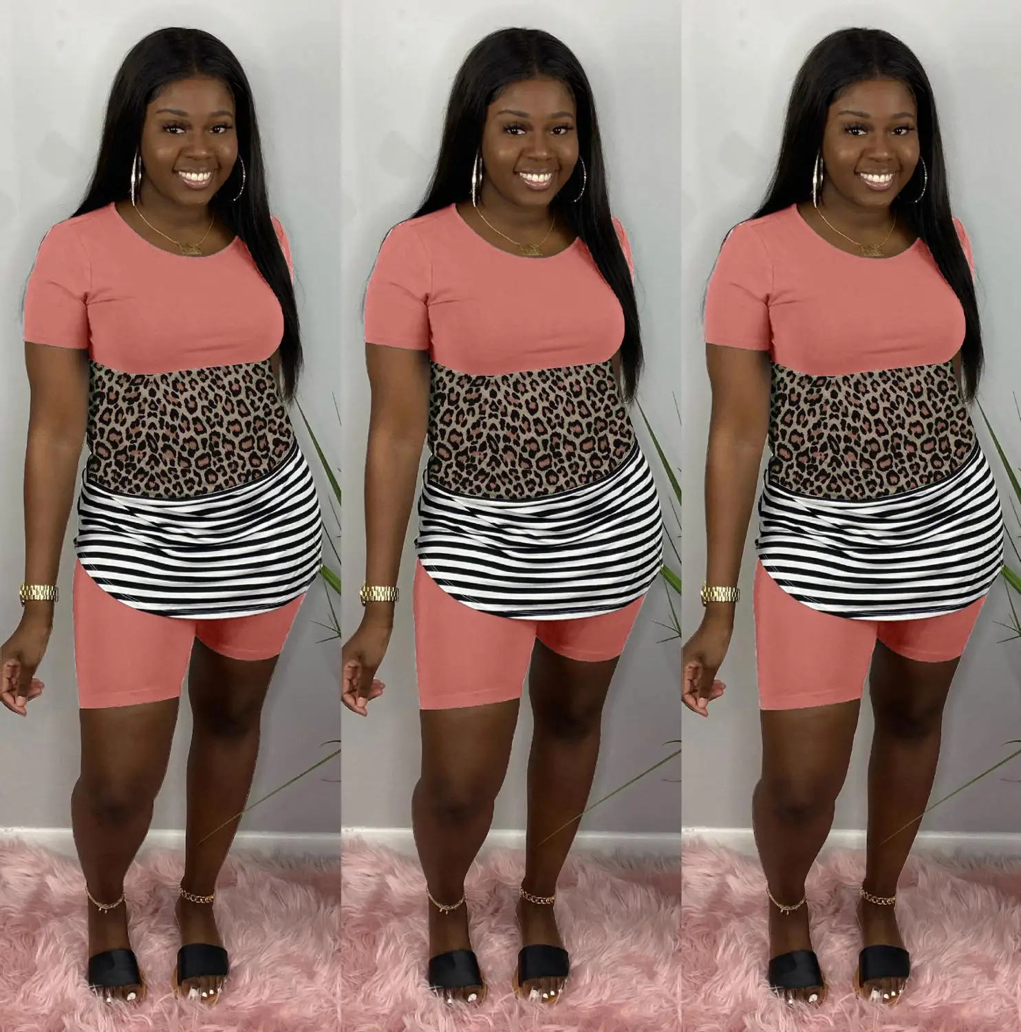 Новый дизайн Leapord печати женские топы с шортами повседневные