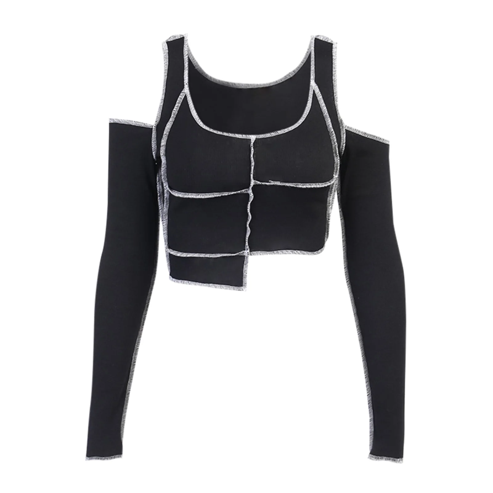 

Women Irregular Crop Tops Adults Sexy Long Sleeve U-shaped Neck Off-shoulder Pullover T-shirts