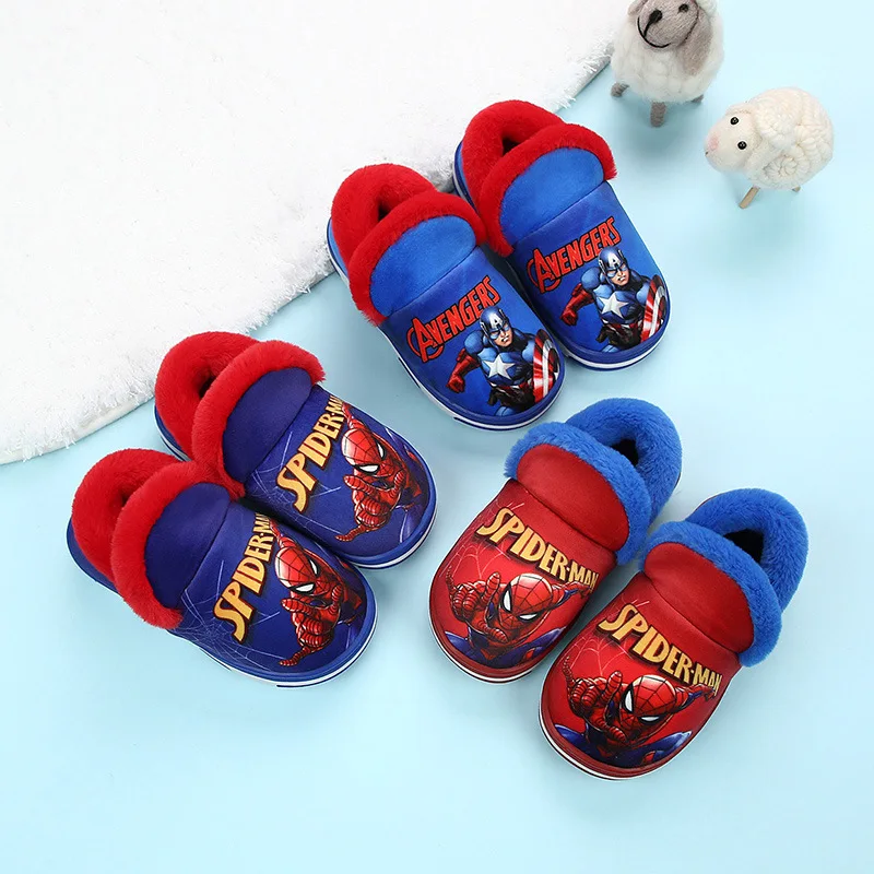 Зимние плюшевые тапочки для маленьких мальчиков детские домашние Marvel теплые с