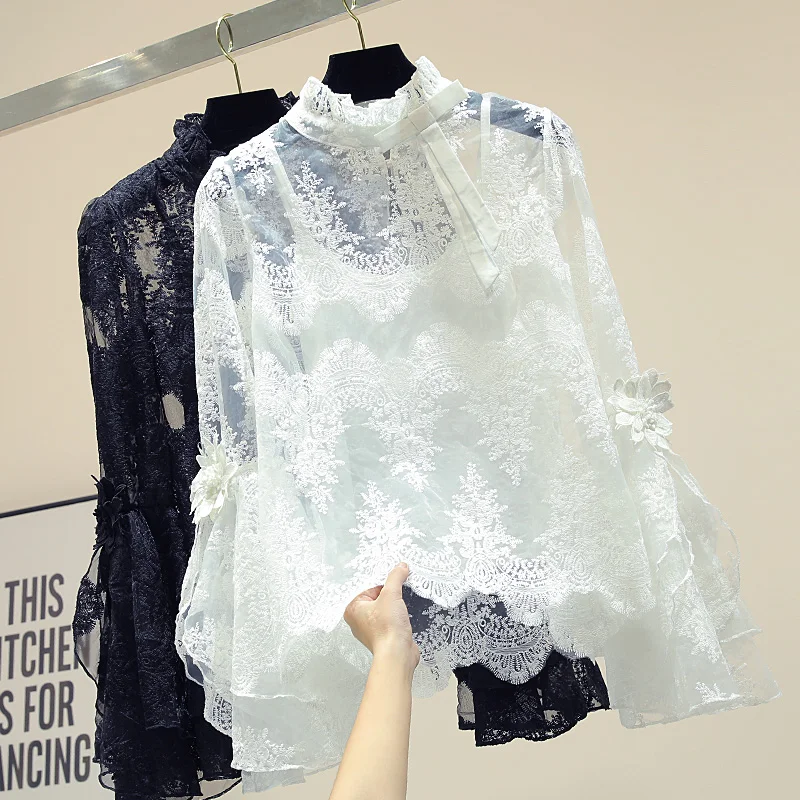 

French sexy lace shirt elegant flare sleeve Turtleneck lace two-piece suit enbroidery white and black