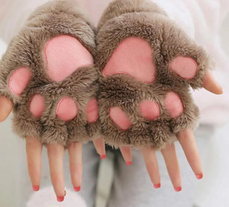 

New Women Cute Cat Claw Paw Plush Mittens Warm Soft Plush Short Fingerless Fluffy Bear Cat Gloves Costume Half Finger Party Gift