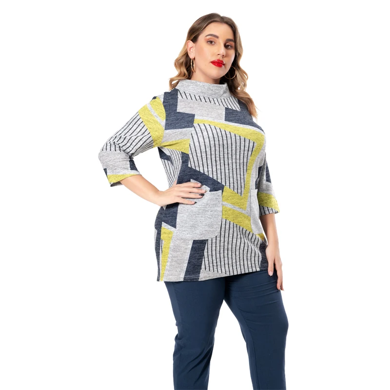 

Women Autumn Winter Mini Dress 2021 Plus Size Striped 2 Pockets O-neck Three Quarter Sleeve Three Quarter Sleeve Hotsale F8361-4