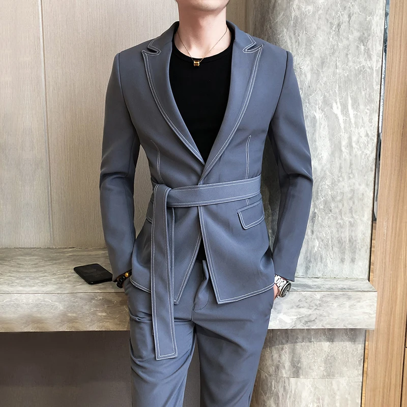 

Fashion Men's Slim Fit With Belt One Button Blazers Jacket Suit Pants 2 Pieces Set Suits Gray Black White Smart Casual A22