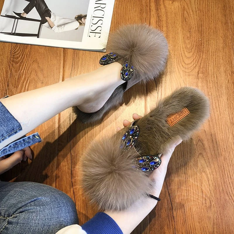 Симпатичные меховые тапочки с кроличьими ушками женская одежда осенние и зимние