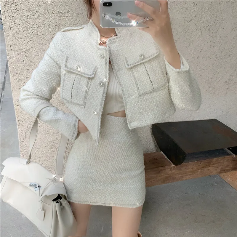 Женский твидовый костюм из двух предметов модный пиджак с блестками и