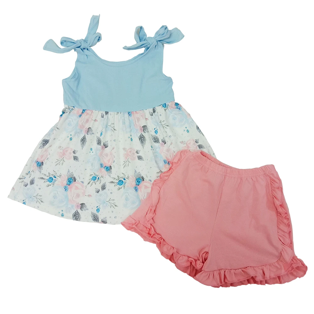 

Characteristic Light Blue Floral Bandage Tunic Top With Pink Shorts Boutique Summer Baby Clothing Fashion Kids Outfit