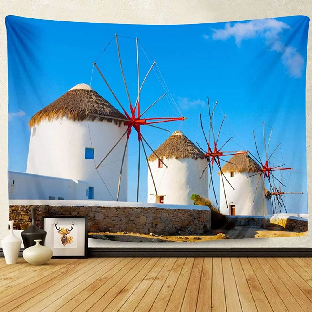 

HommomH Landscape Tapestry,Greece Mykonos Windmills,Wall Hanging Home Decor for Bedroom 40"x60",Blue