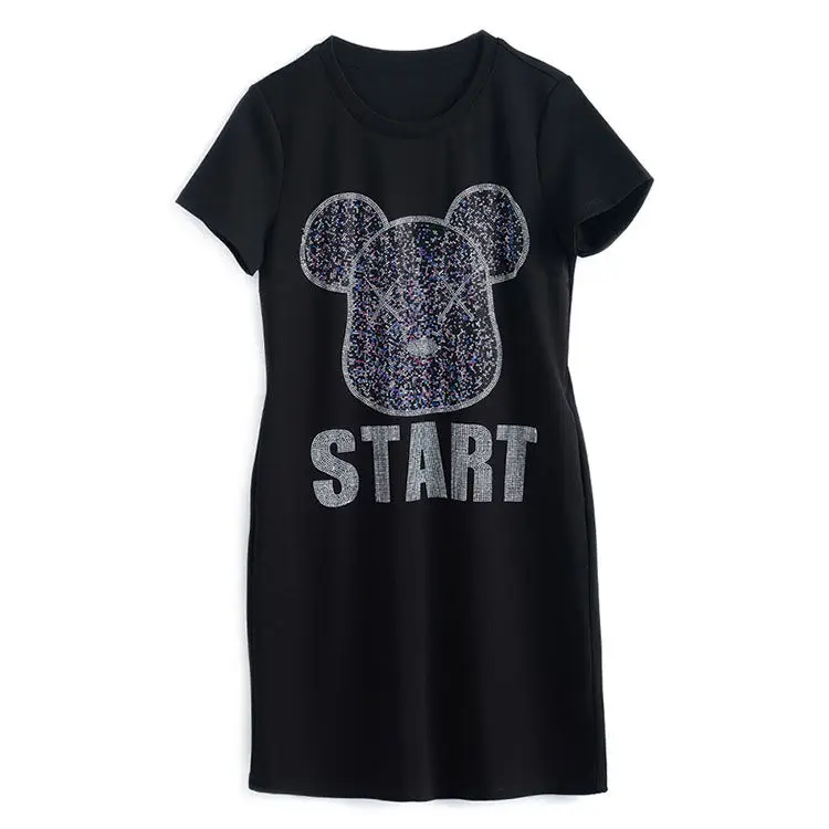 

2021 Women Crystal dress Bear Print Beading summer dress korean style boho plus size dress