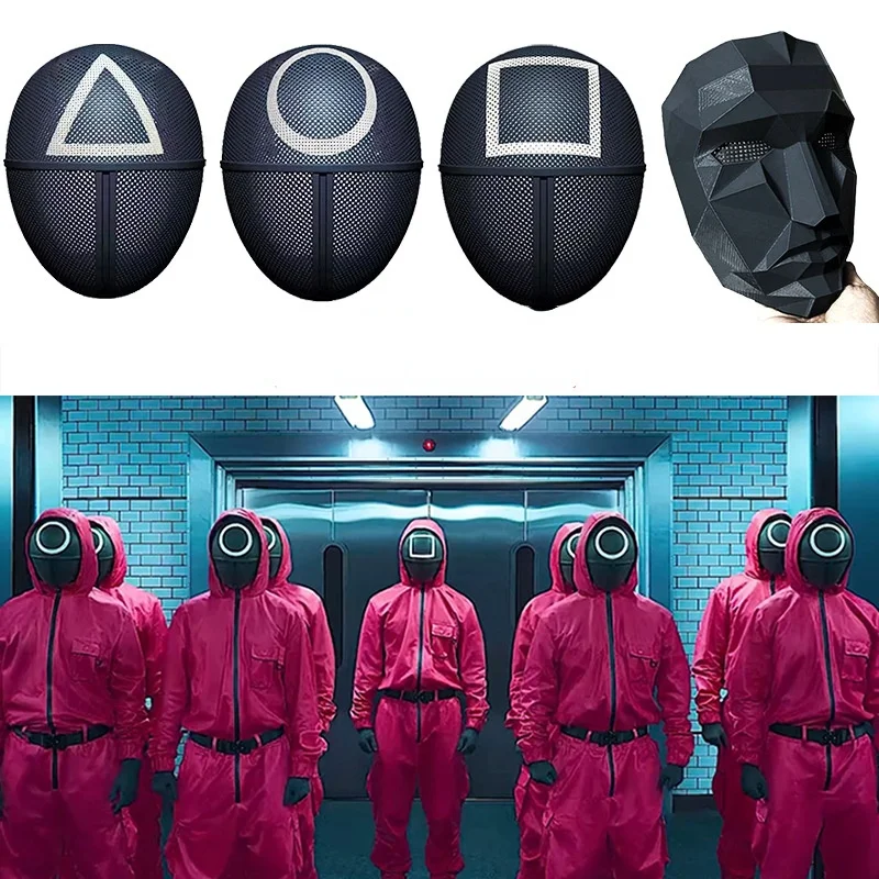 

Пластиковая маска для косплея игра кальмар треугольник Квадратный Круг красный капюшон мужской головной убор костюм босса реквизит маска ...