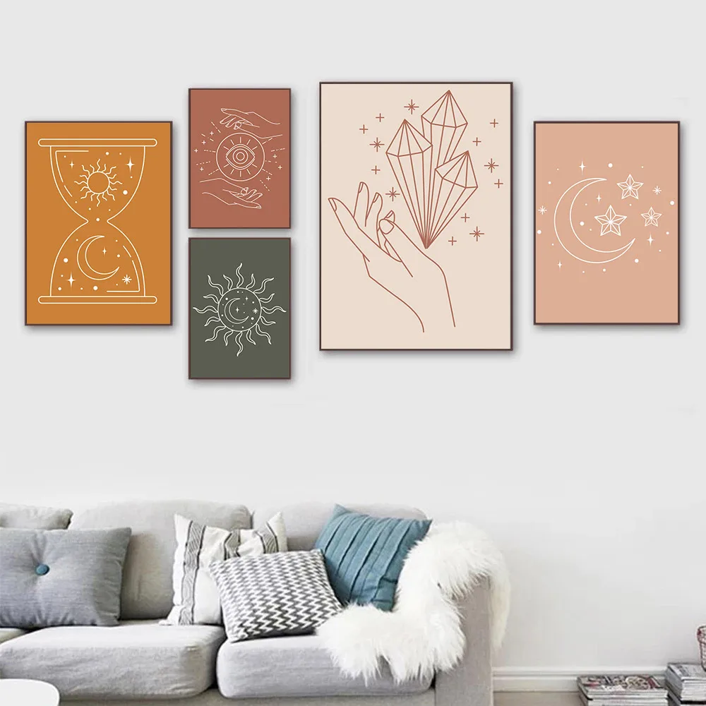 

Hand Diamond Poster Abstract Stars Sun Moon Wall Art Painting Celestial Hands Canvas Print Boho Wall Pictures Living Room Decor