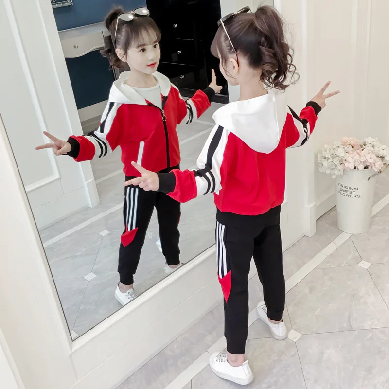 

Active Girl Striped Hooded Clothes Set Teen Tracksuit Spring Autumn Long Sleeve 2pcs Children Suits Little Girl Sets3-12T Years