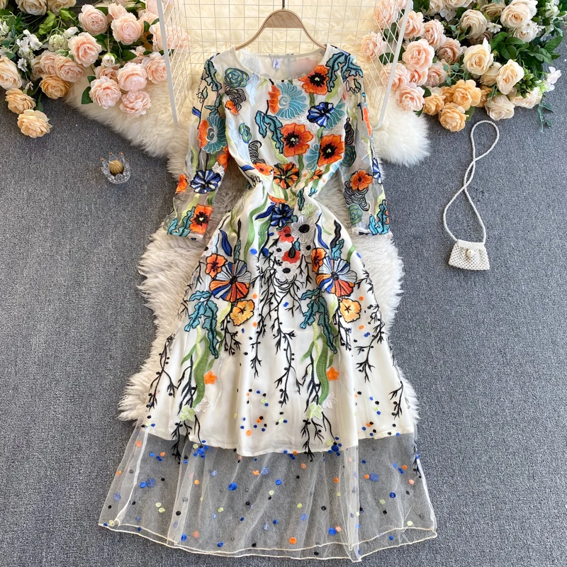 

Women New Fashion Elegant Mesh Embroidered Retro Round Neck Long Sleeve A-line Dress Vestidos De Mujer Clothes
