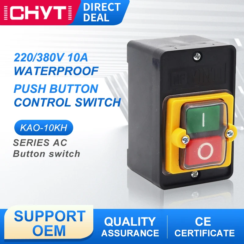 

ICHYTI KAO-10KH Series, низковольтный переменный ток, 220 В, 380 В, 10 А, водонепроницаемый кнопочный переключатель питания для настольного сверла