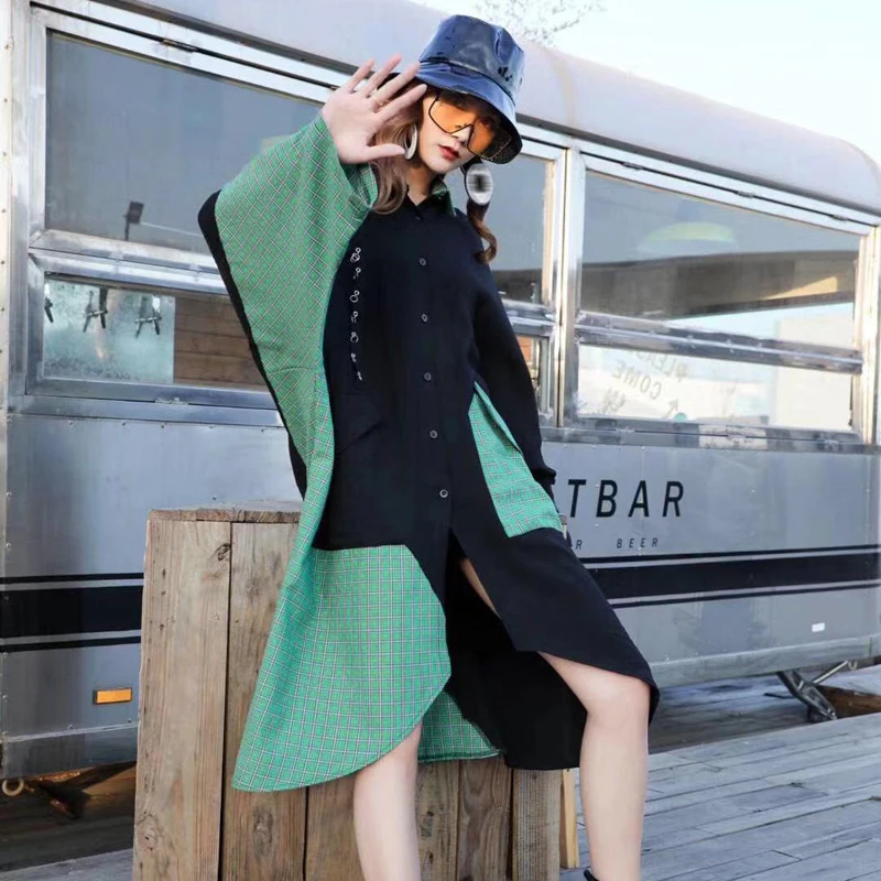 

[Aurance] Women Streetwear Black Plaid Green Big Size Irregular Shirt Dress New Lapel Long Sleeve Loose Fit Fashion Tide Spring