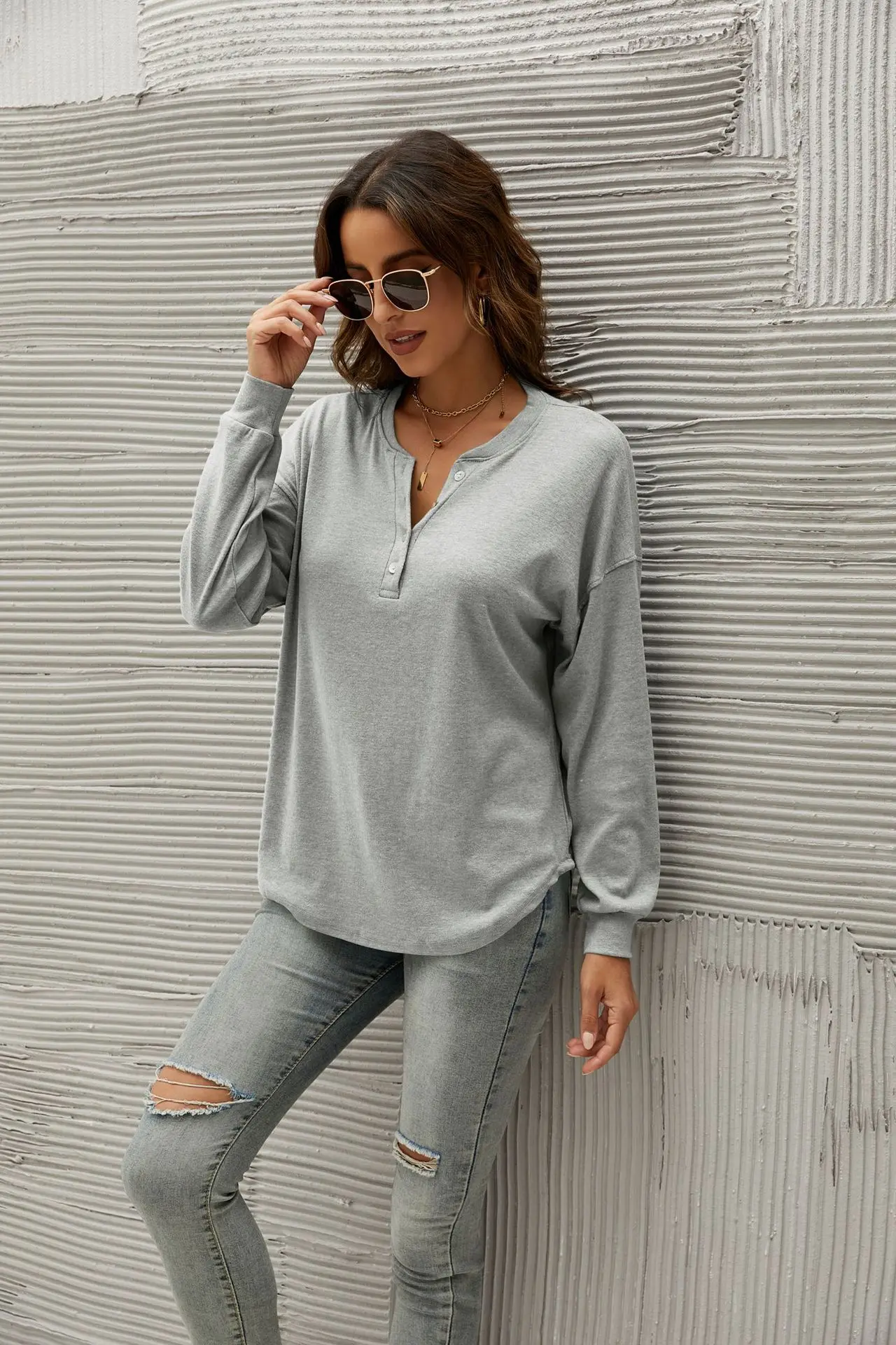 

Autumn plain weave cotton long-sleeved women's solid color sweater