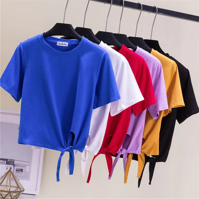 

Summer 2021 T Shirt Women Harajuku Bandage Cropped Tshirt Fashion Hollow Short Sleeve Tops Shirt Casual Solid T-shirt Women