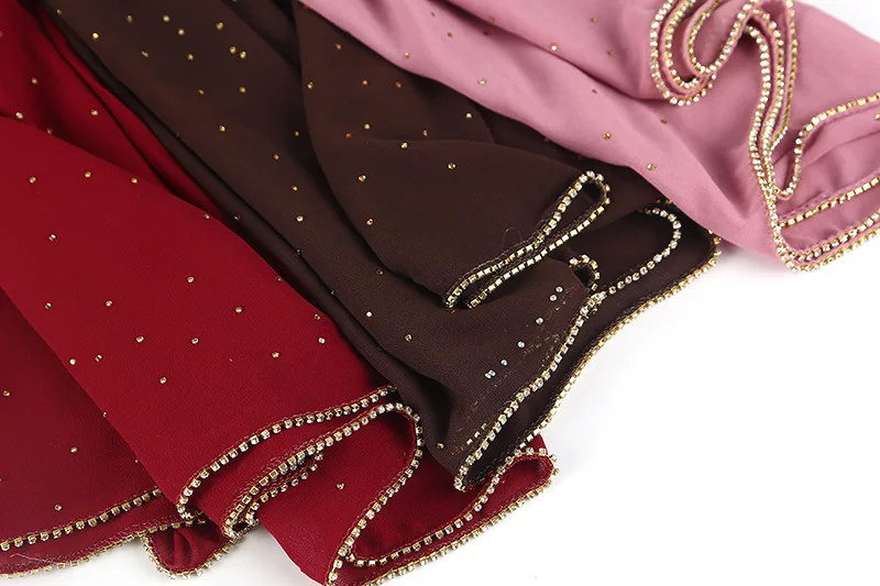 

High Quality Chiffon Hijab Scarf Shimmer With Crystal Chain Edged Scarf Headband Muslim Hijabs Headscarf with Gift Box