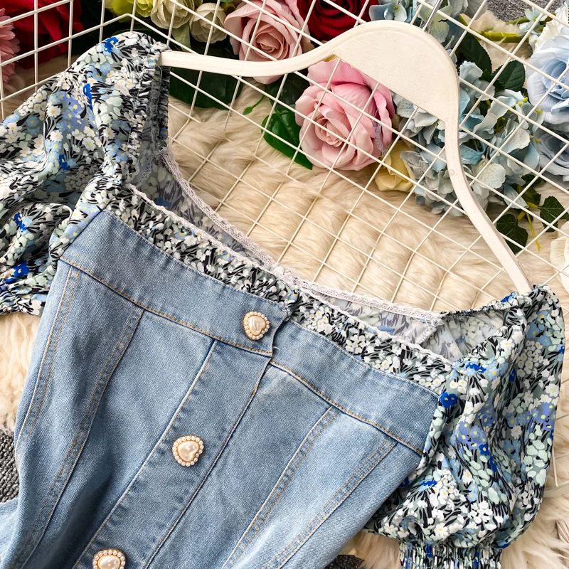 

YIZZHOY New Summer Women Casual Puff Sleeve Button Patchwork Denim Dress Vintage Square Collar Mini Dress Beach Fairy Dress