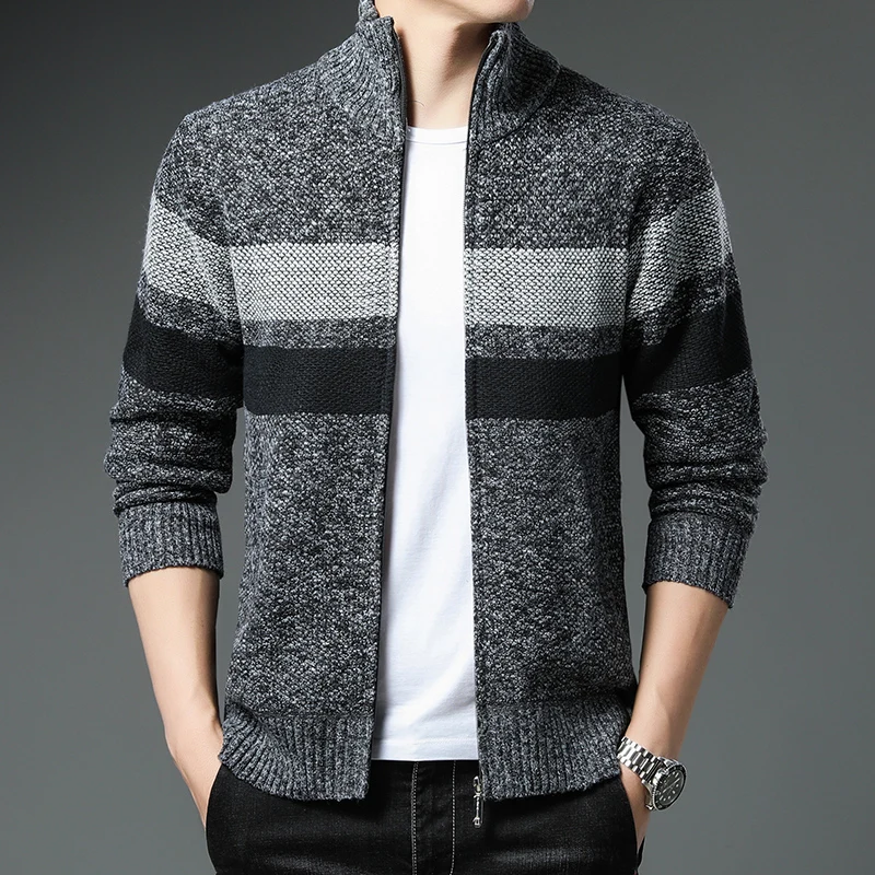 Knit Sweater Men's Jumper New Coat Autumn/winter Red Fleece Warm Wool Cardigan Stand Collar Y2K Zipper Striped Jacket