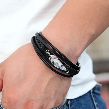 Multi-layer Leather Feather Shape Bracelet 3