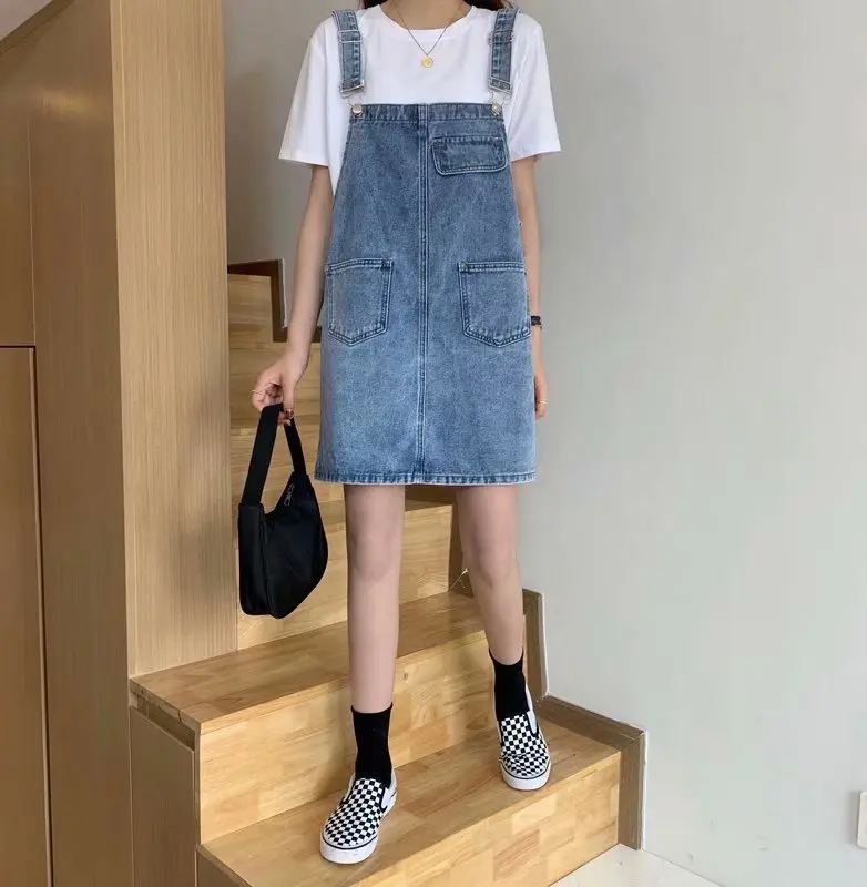 Платье с денимовыми бретелями Женщин 2021 Лето Новый Корейский Стиль Без Рукавов Кокетливое Летнее Платье Прямого Силуэта для Девушек Студенток.