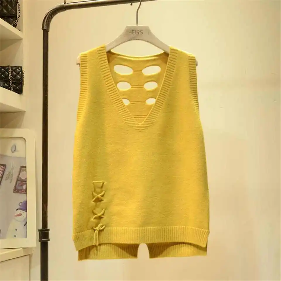 

Women Spring Autumn Vest Korean Sweater Knitwear Loose Hollow Out V-Neck Sweater Waistcoat Pullover Outerwear TT0592