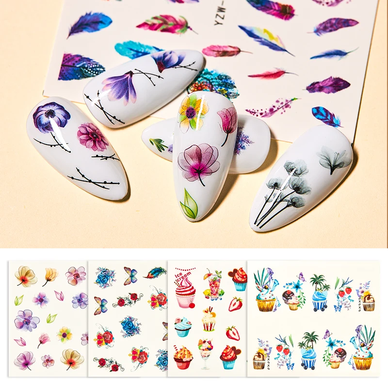Наклейки для ногтей с изображением четырех лилий и разноцветных цветов|Стикеры