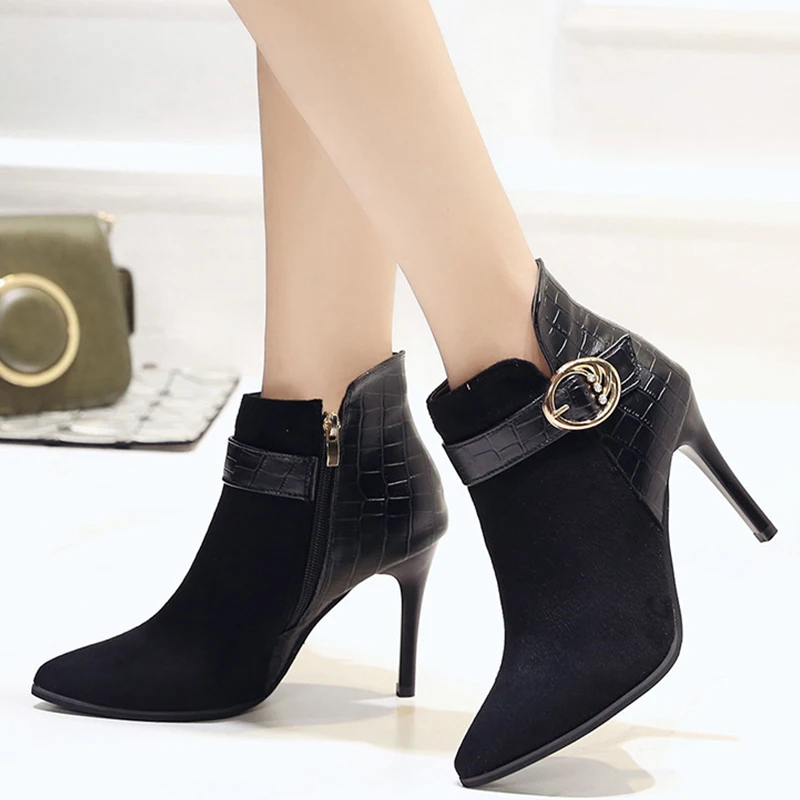 

2021 Winter Fashion Women Boots Pointed Toe Ankle Boots 5CM Heel High Heels Shoes Woman Autumn Fashion Boots Flock Metal Shoe