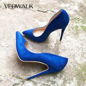 Женские Классические замшевые туфли Veowalk, синие элегантные вечерние туфли-лодочки на высоком каблуке, с острым носком, без застежки