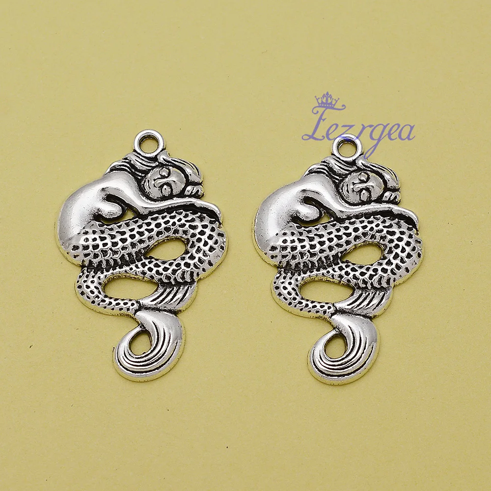 

12pcs/Lots 23x35mm Antique Silver Plated Sleepy Mermaid Charms Ocean Life Fairy Pendants Creative Jewelry Making Parts Hand Made